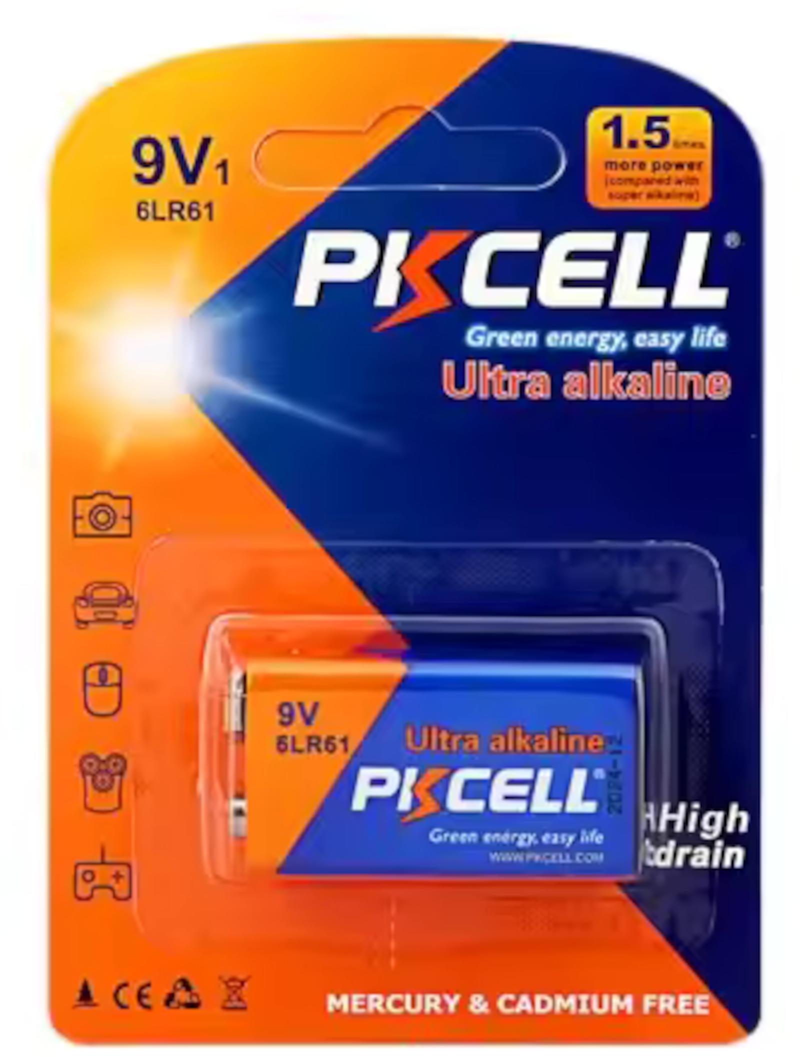 PKCELL 1er 6LR61 Batterien 9V 980 mAh Alkaline-Plus Alkali Mangan MN1604 Blister  Feuermelder Rauchmelder 6LR61