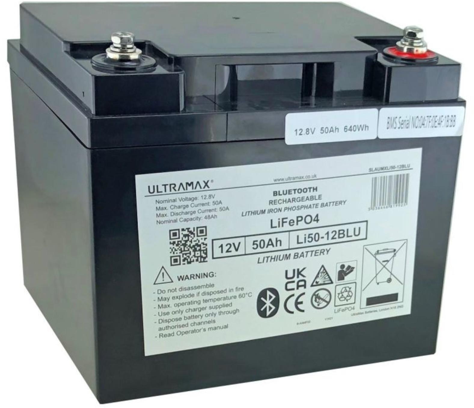 UltraMax SLAUMXLI50‑12BLU – 12 V 50 Ah LiFePO₄‑Batterie mit Bluetooth‑Monitor SLAUMXLI50-12BLU