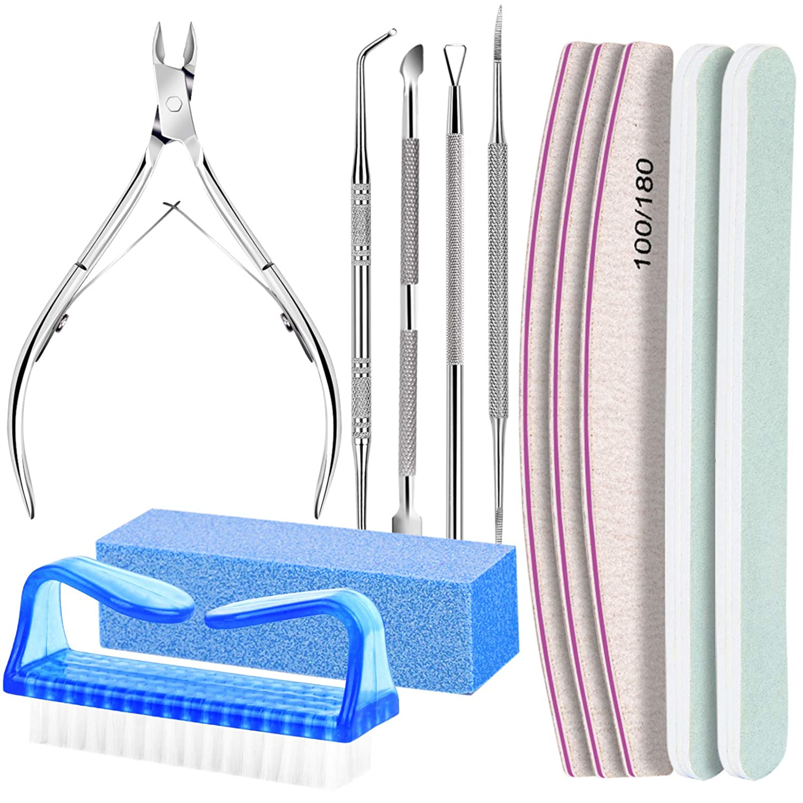 EWANTO Nagelpflege Set 12er inkl. doppelseitige Nagelfeilen 100/180 Nagel Buffer Block Nagelhautschieber Eckenheber Nagelzange Nagelknipser und Nagelbürste für Ihre Maniküre und Pediküre NS-01