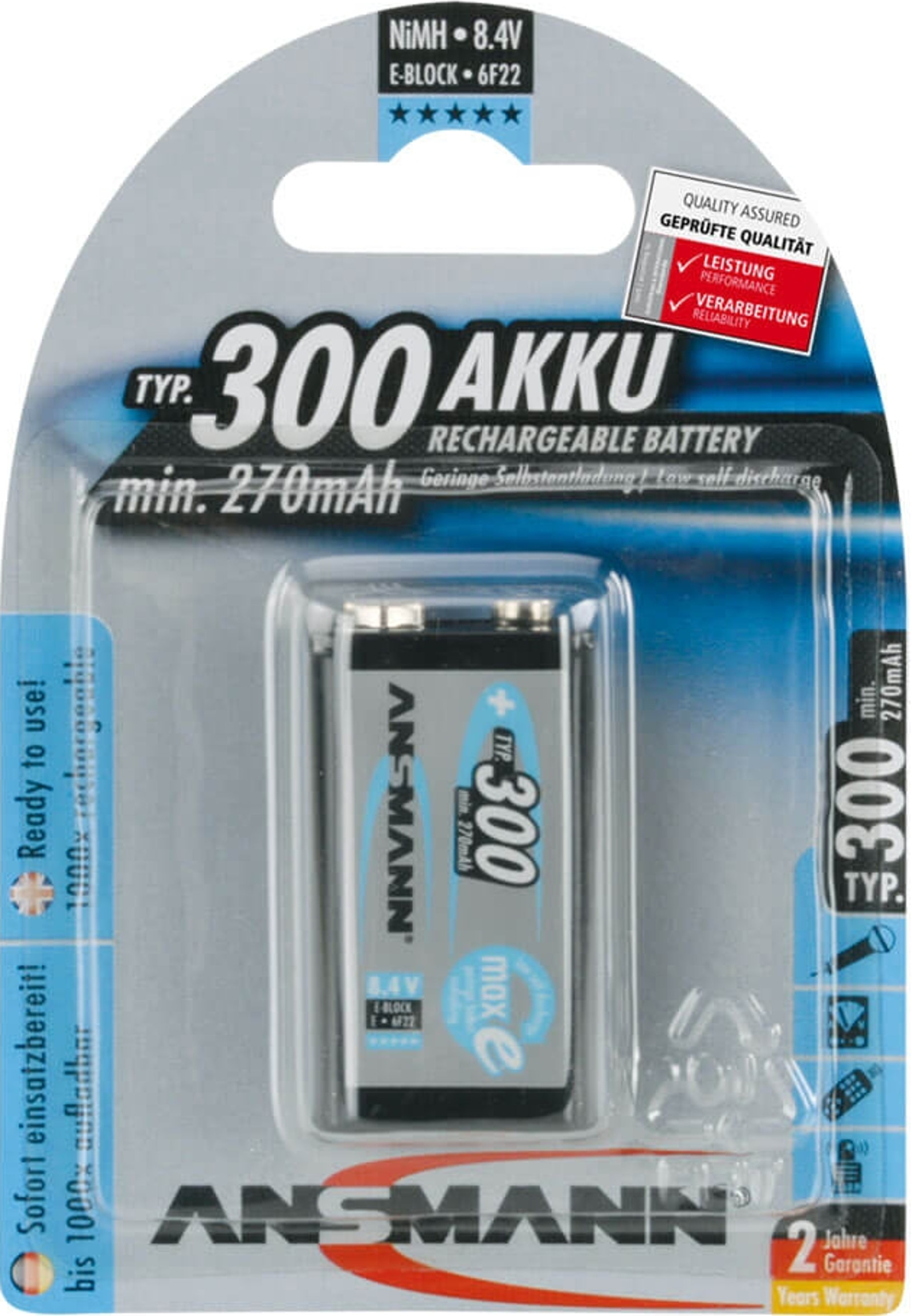 ANSMANN NiMH Akku 9V E-Block Typ 300 (min. 270 mAh) maxE 1er Blister LSD 5035453