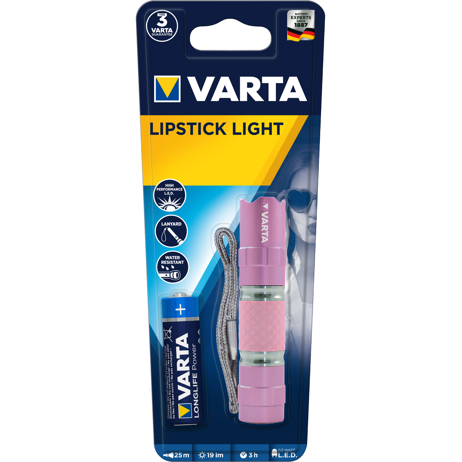 Varta Lipstick Light LED Taschenlampe pink inkl. 1x AA VARTA Longlife Alkaline 1,5 V 16617