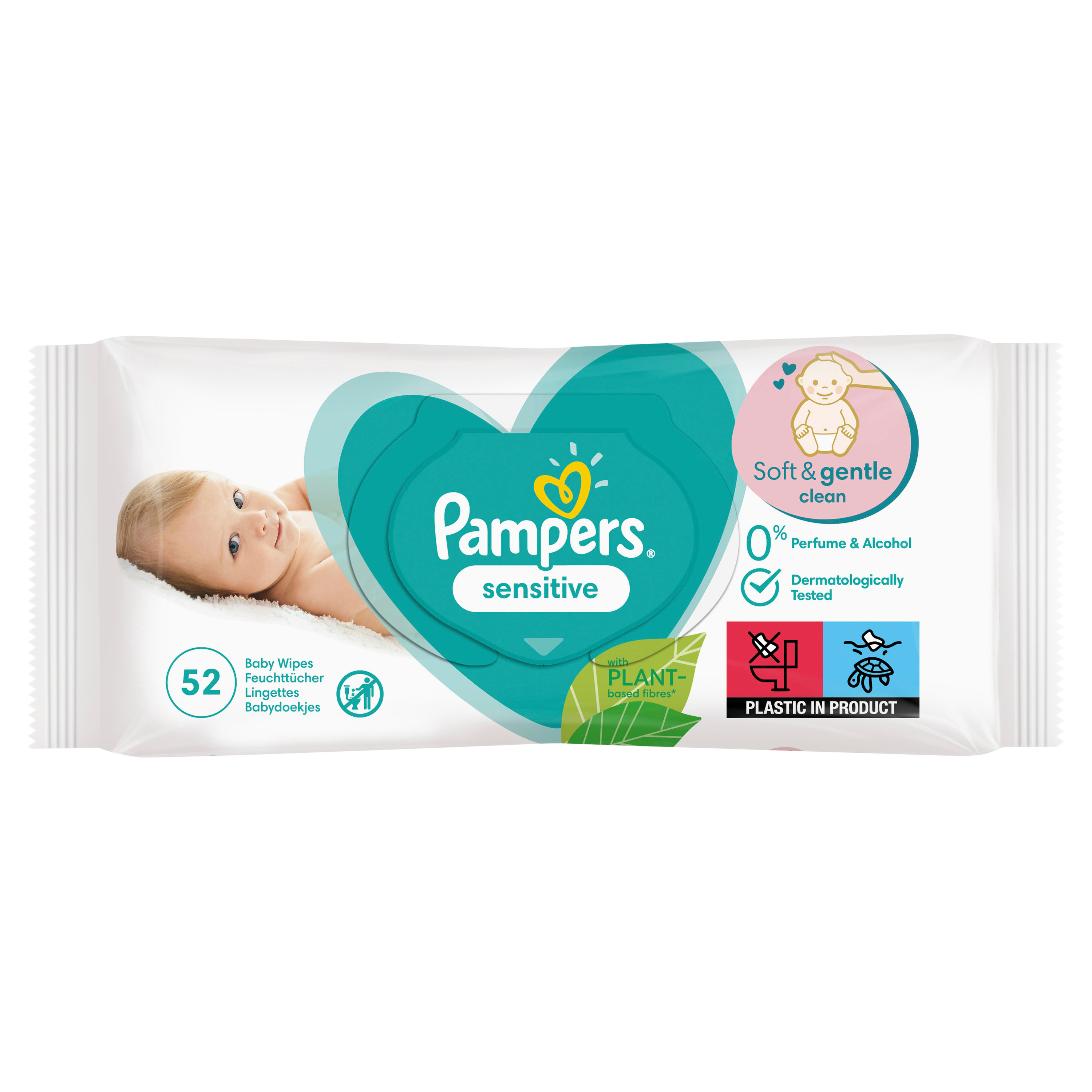 Pampers Sensitive Feuchttücher Babyhaut Babyduft Baby Wipes 1 Packung = 52 Feuchttücher 0 % alkohol, 0 % parfüm, 0 % farbstoffe, 0 % parabene, 0 % phenoxyethano 