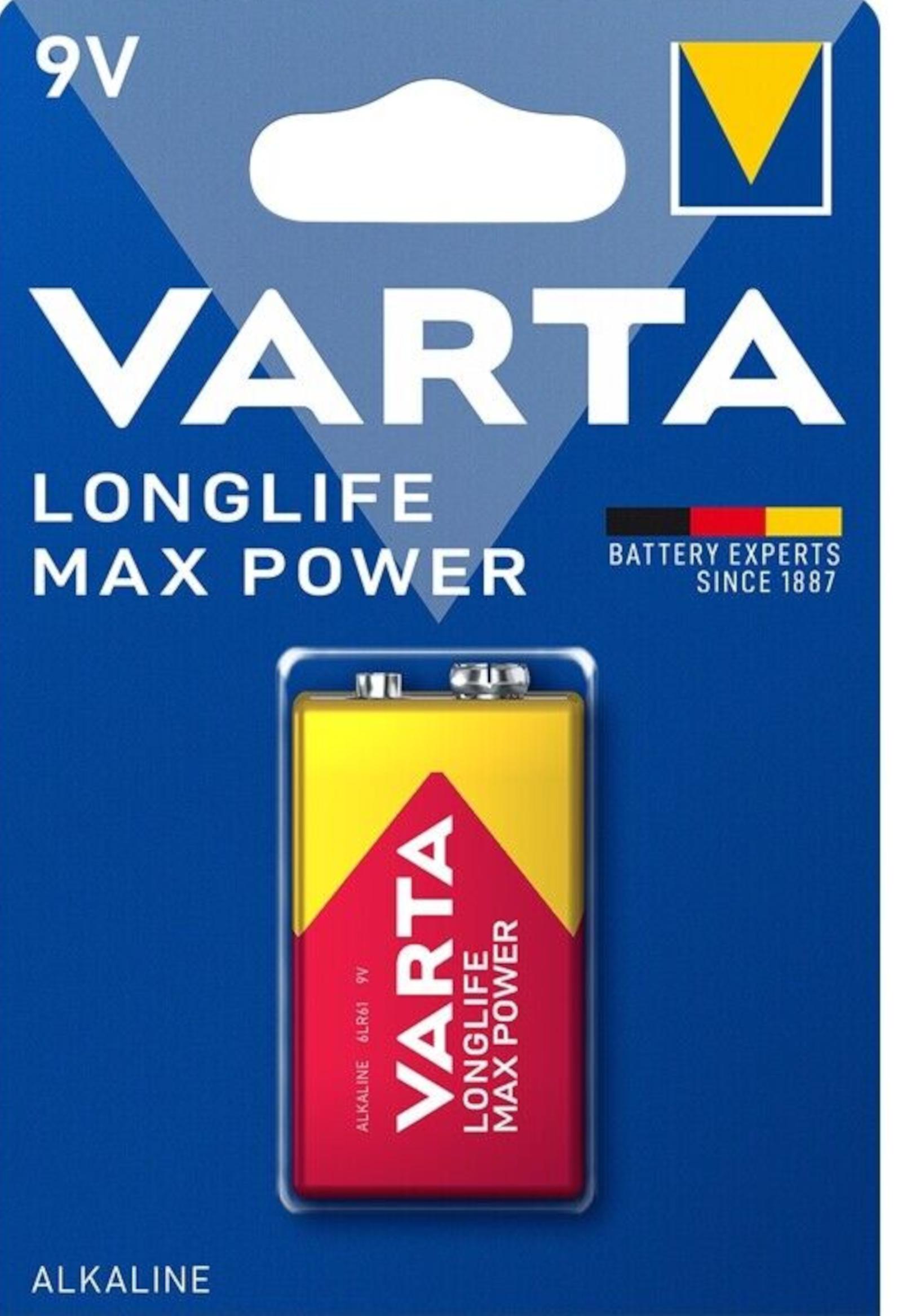 Varta LONGLIFE Max Power 1er Blister Alkaline- Batterie 6LR61 MN1604 9 Volt 4722 vorm.MaxTech für Mikrofon, Brand- & Feuermelder und Rauchmelder 4722
