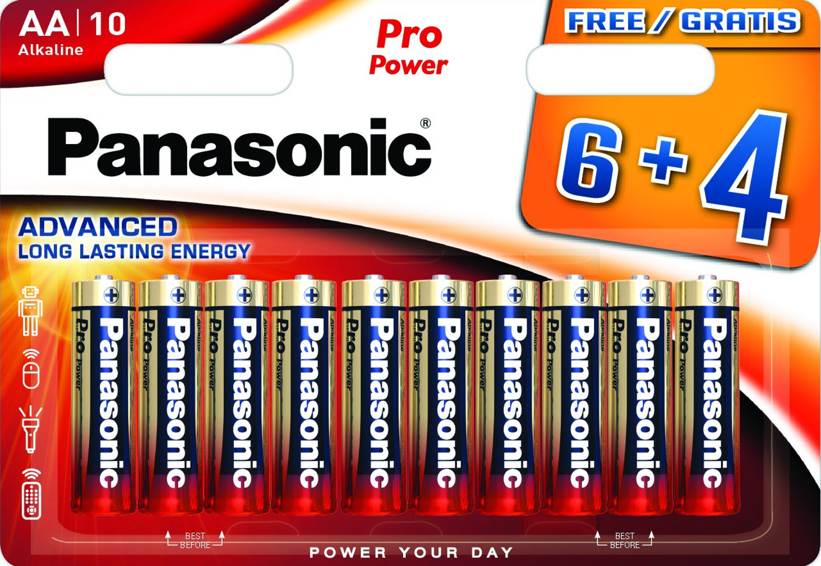 Panasonic 12x Pro Power Mignon AA, LR6 AM3 Alkaline 10er Blister MN1500 LR6XEG/10B4F LR06 LR6PPG/10BW 6+4F
