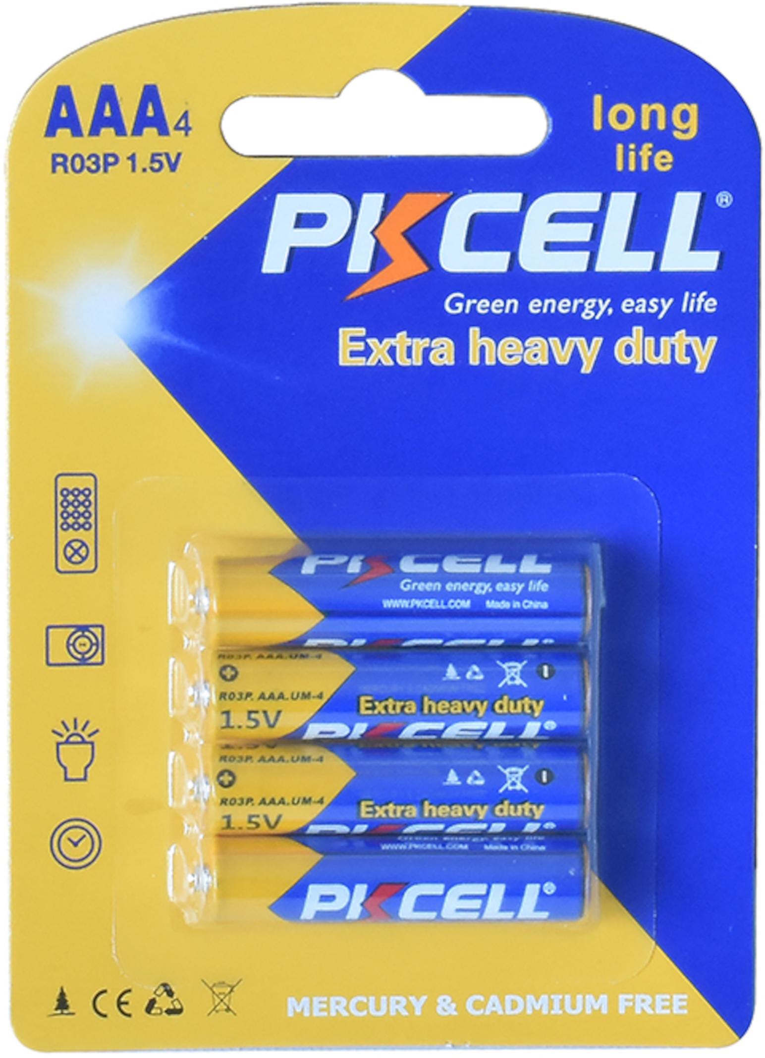 PKCELL 4er Extra Heavy Duty AAA R03P 1,5V Zinc-Carbon Zink-Kohle Batterie Blister Geeignet für Spielzeug Türschlösser Uhren Tachenrechner R03P