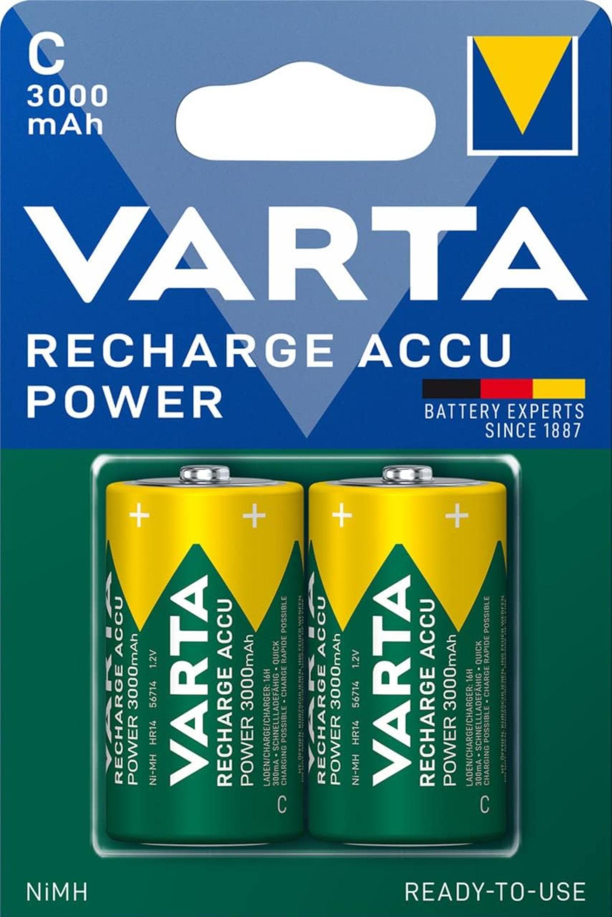 Varta Recharge Accu Power C 2er Blister Baby 3000 mAh 1,2 V NiMH wiederaufladbarer Akku HR14 1/2 Torcia 56714