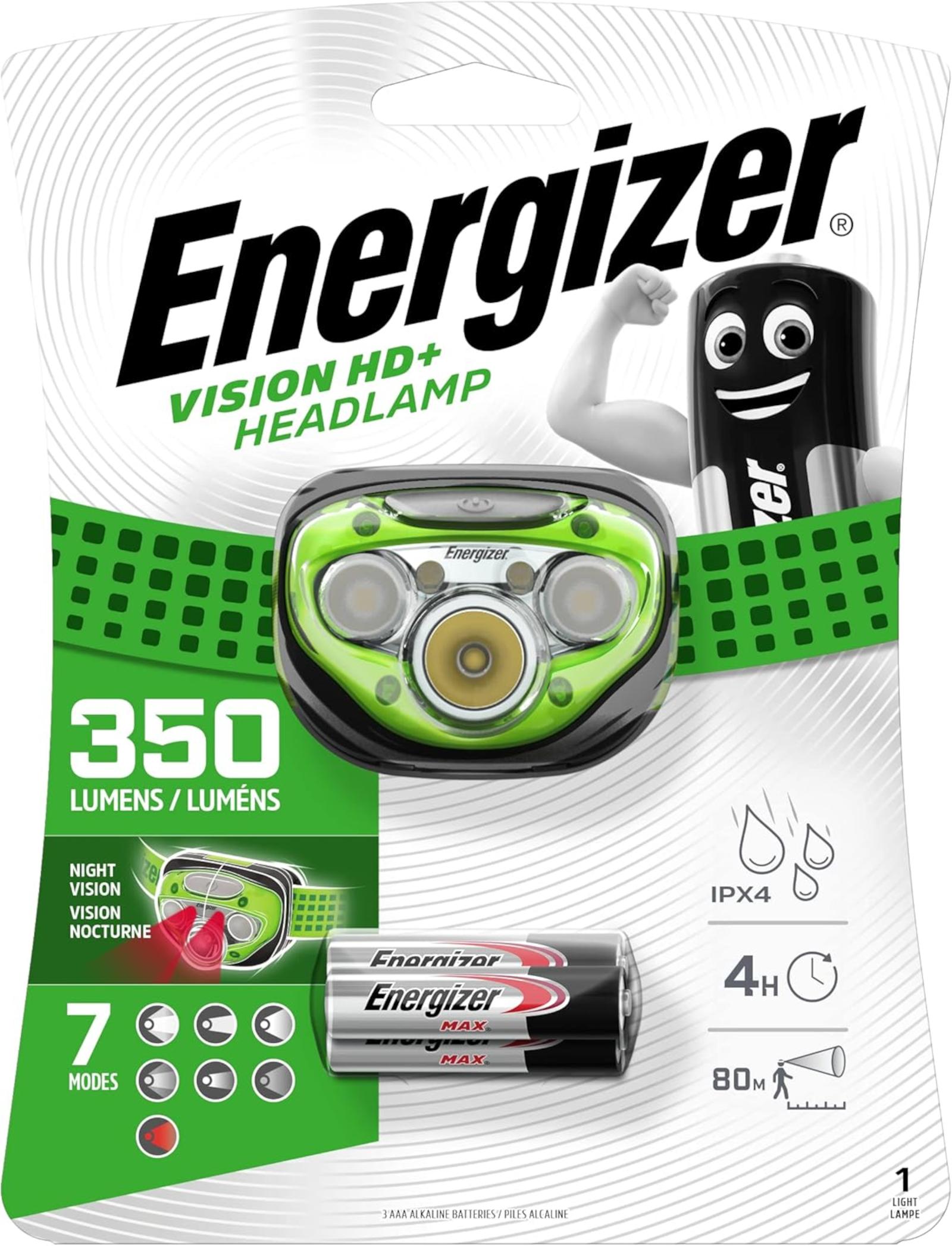 Energizer Stirnlampe LED, Vision HD Kopflampe E300280605 für Camping, Outdoor und Wandern,Headlight inkl. 3x AAA Energizer Max Batterien Blister E300280605