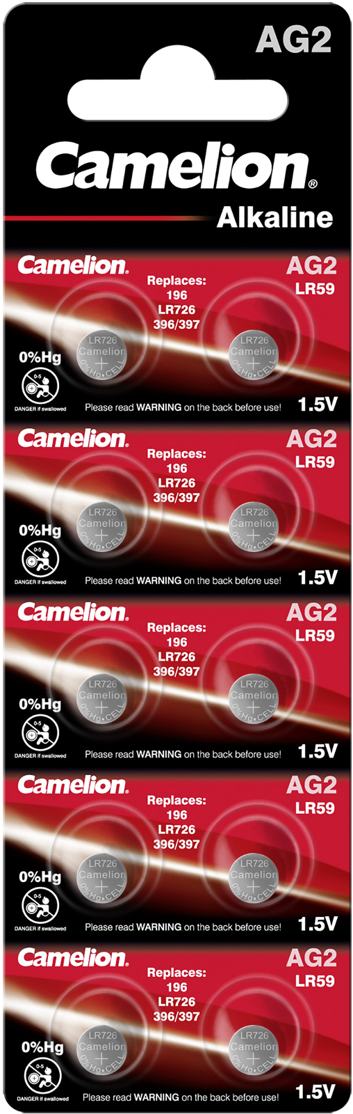 Camelion Alkaline Knopfzelle AG2 LR59 196 LR726 396/397 1,5 V 10er Blister 12051002