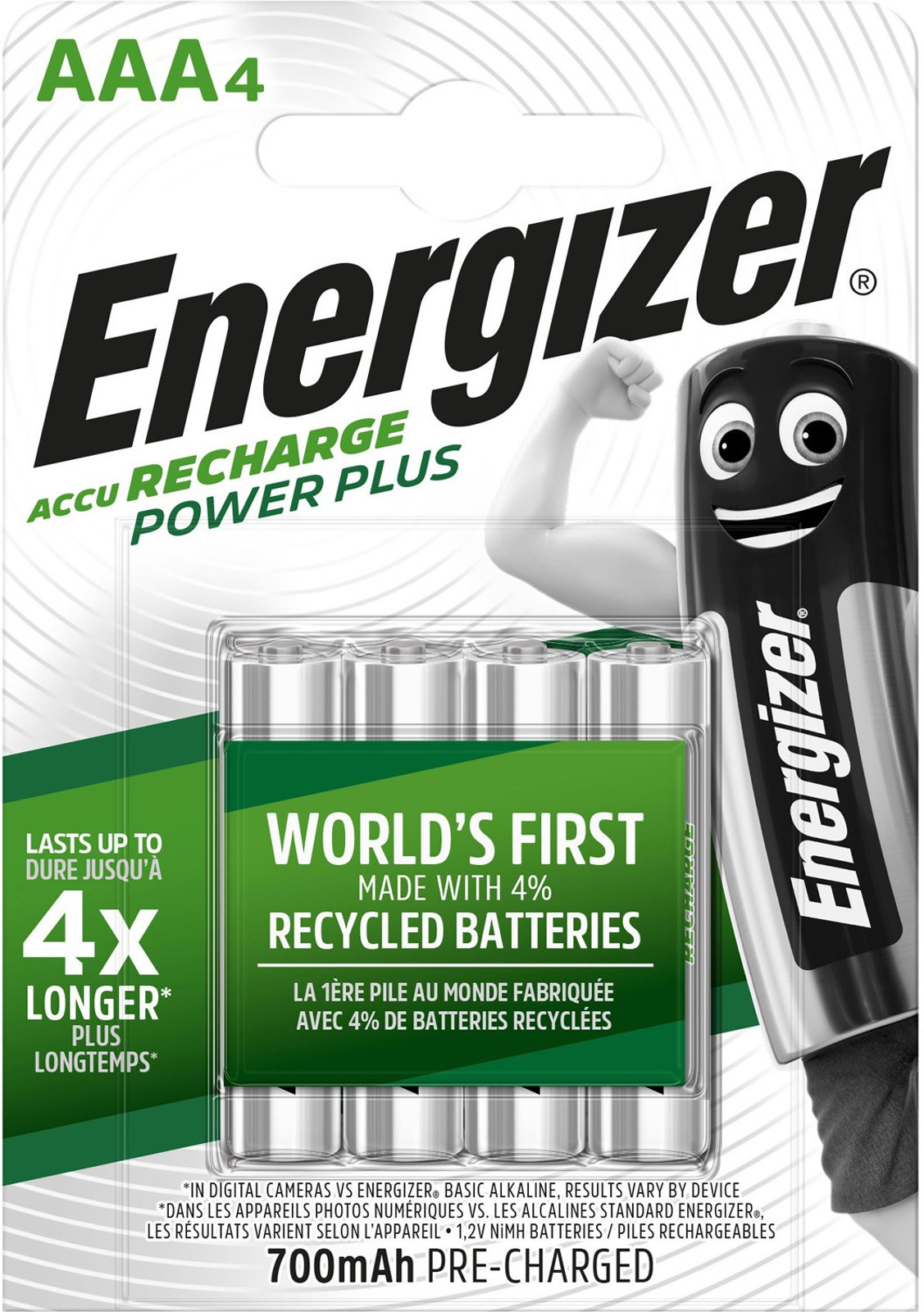 Energizer Power Plus AAA 700 mAh Akku 4er Blister NiMh Micro Accu Recharge  1,2V, HR03 E300850300