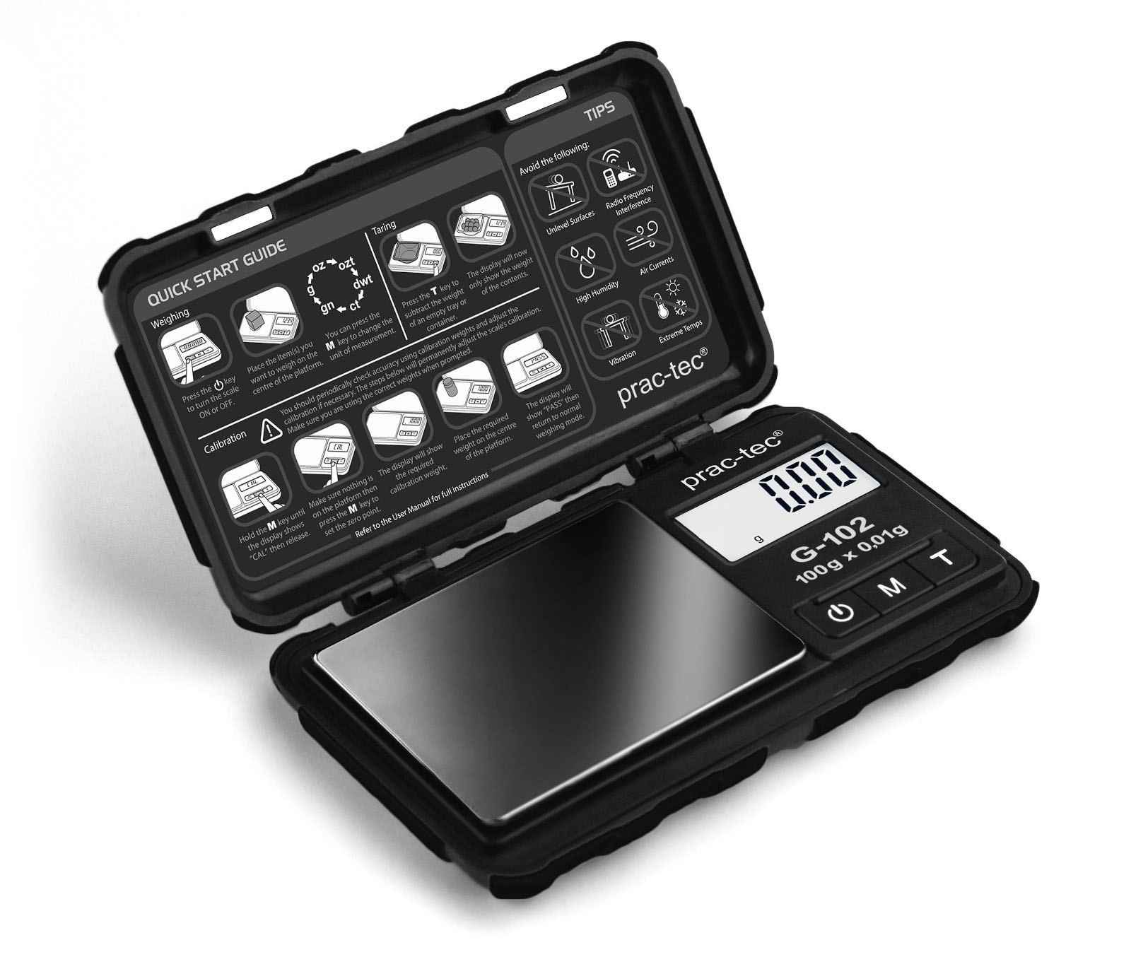 PRAC-TEC Feinwaage G-102 Messbereich 0,01 g - 100 g praktisches Pocket-Format Grammwaage  für Gold und Silber inklusive Kalibriergewicht Batteriebetrieben verschiedene Gewichtseinheiten einstellbar 