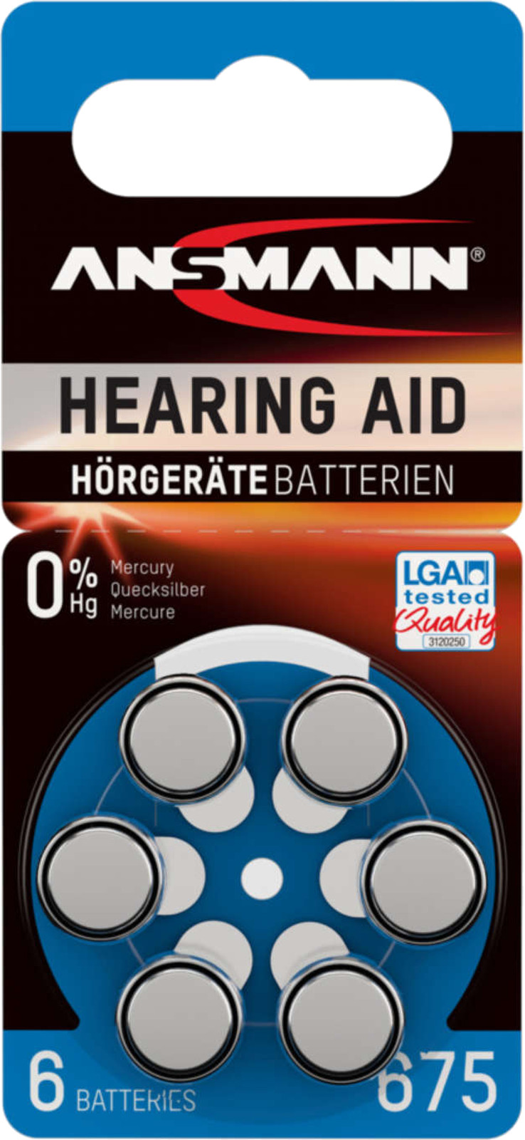 ANSMANN Hörgerätebatterien Blau PR44 675 1,45V 6er-Blister 0%HG LGA Tested Quality 5013253