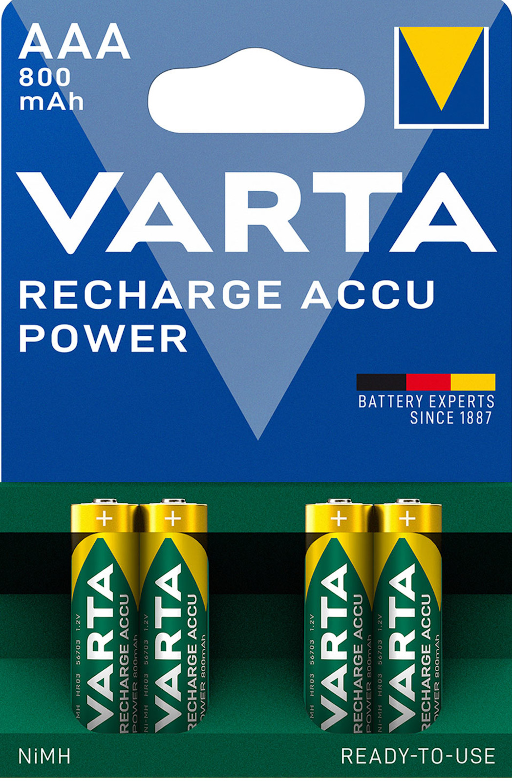 Varta Rechargeable Accu Ready2Use vorgeladener AAA Micro Ni-Mh Akku (4er Blister, 800mAh) 56703/BL4