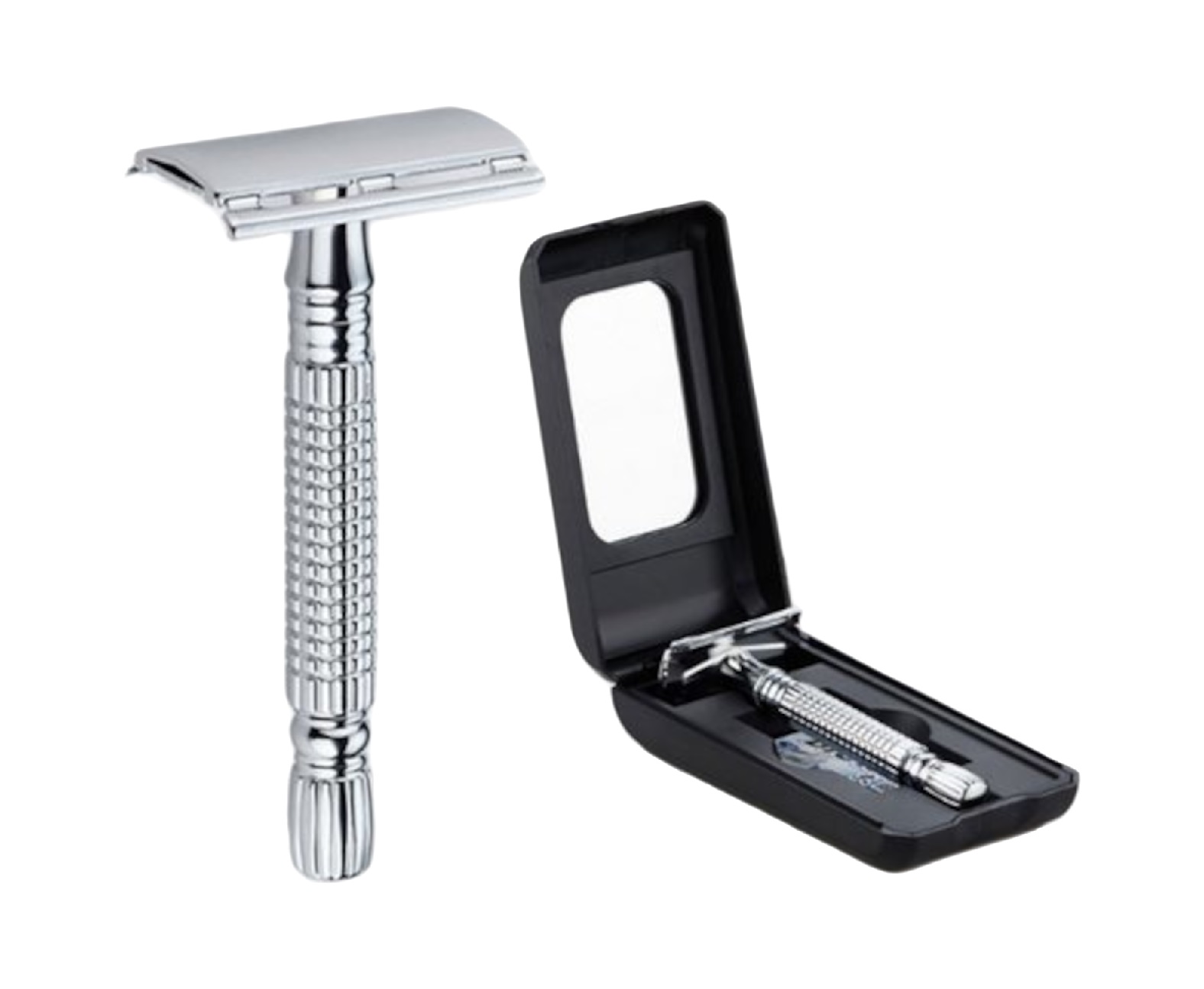 EWANTO Reise Rasierhobel aus Edelstahl, Silber Set mit Reise Etui, Mehrwegrasierer inklusive einer Rasierklingen aus Edelstahl für klassische Rasierklingen besonders sanfte, gründliche, hautfreundliche Nassrasur Präzisionsrasierer RHES-01