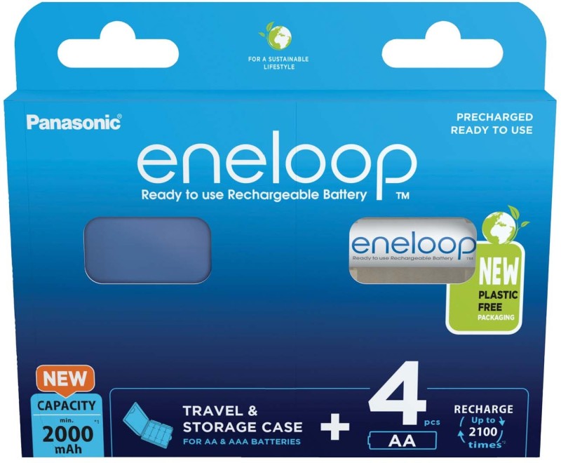 Panasonic eneloop 4er Blister AA Ni-MH Akkus 2000 mAh wiederaufladbar + Batteriebox zur Aufbewahrung von AA & AAA Batterien im Set BK-3MCDEC4BE
