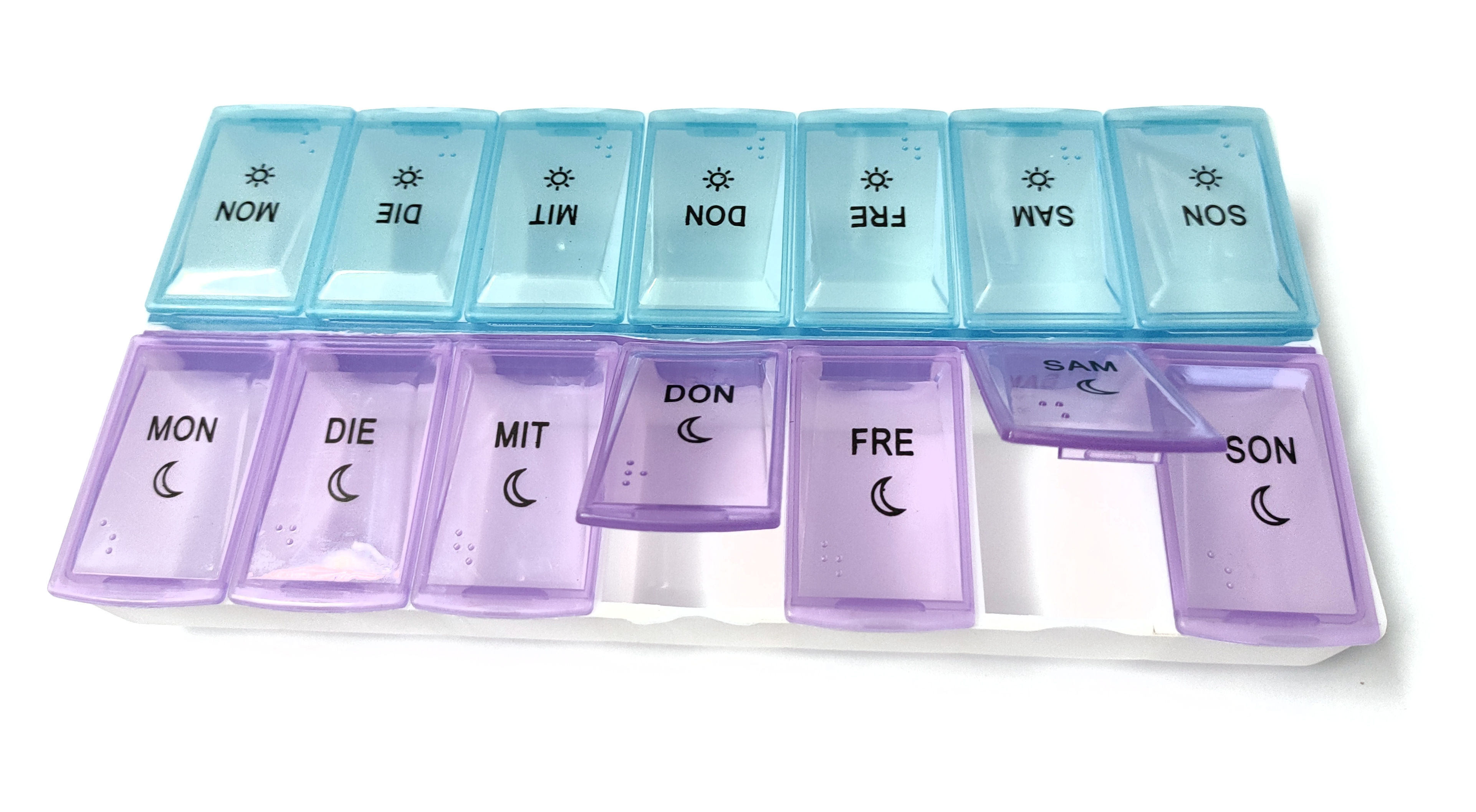 EWANTO Tablettenbox Pillendose Medikamtenbox 7 Tage morgens abends 14 Fächer hellblau/violett BPA-frei HA-36