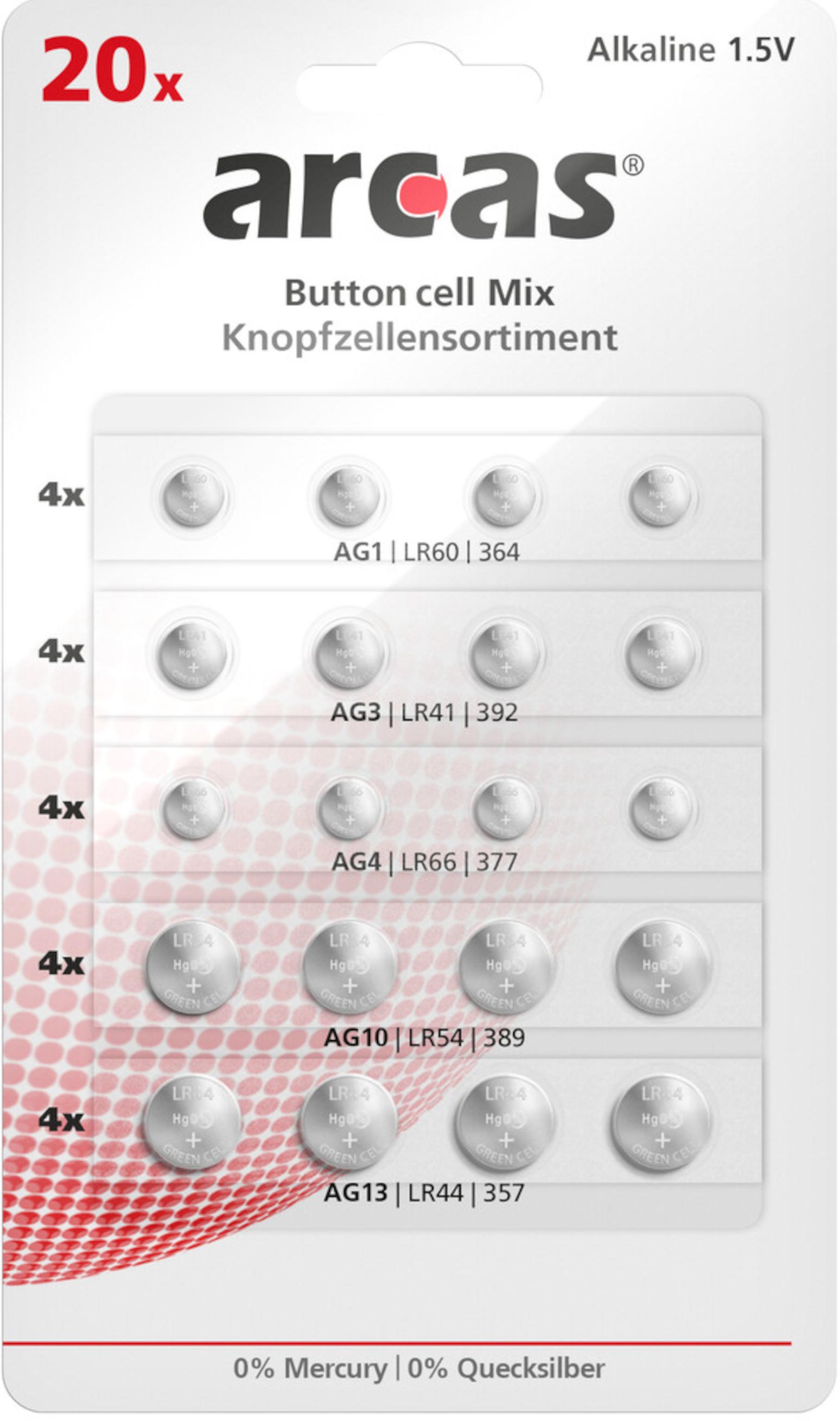 Arcas Knopfzellensortiment 20-teilig AG Alkaline Knopfzellen 1,5V (4x AG1 / 4x AG3 / 4x AG4 / 4x AG10 / 4x AG13) 127 52000 Arcas Knopfzellensortiment 20-teilig AG Alkaline Knopfzellen 1,5V (4x AG1 / 4x AG3 / 4x AG4 / 4x AG10 / 4x AG13) 127 52000